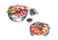 Hokkaido seafood, japanese food watercolor illustration