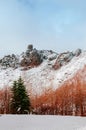 Hokkaido Usuzan mountain in winter snow with autumn foliage and