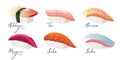 Hokkigai, Tai, Hirame, Maguro, Sake, Saba sushi. Vector set with japanese dishes from fishes and rice.