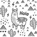 Hola card. Ink cartoon llama vector print