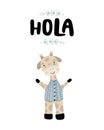 Hola - Cute hand drawn nursery poster with cartoon character animal giraffe and lettering. in scandinavian style. Vector