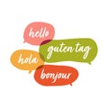 Hola, guten tag, bonjour, hello. Social network or bilingual translation concept.