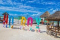 Holbox island beach colorful welcome letters and sign in Mexico