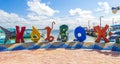 Holbox island pier colorful welcome letters and sign in Mexico