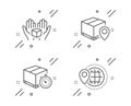 Hold box, Delivery timer and Parcel tracking icons set. World travel sign. Vector