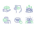 Hold box, Quick tips and Salary employees icons set. Messages, Messenger mail and Gift signs. Vector