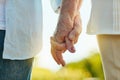 Hold each others hand and feel safe in loves embrace. a senior couple holding hands in a park. Royalty Free Stock Photo