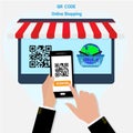 Hold hand mobile scan QR code shopping .