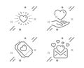 Hold heart, Love ticket and Heart icons set. Love mail sign. Valentines letter. Love set. Vector