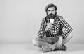 Hold paper cup of coffee or tea. lifestyle concept. handsome hipster man with cup of take away coffee. he is taking Royalty Free Stock Photo