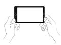 Hold smartphone in hands. Black and white linear illustration
