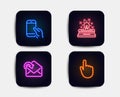 Hold smartphone, Receive mail and Typewriter icons. Hand click sign. Phone call, Incoming message, Inspiration. Vector