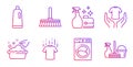 Hold t-shirt, Hand washing and Cleanser spray icons set. Cleaning mop, Shampoo and Washing machine signs. Vector