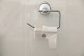 Holder with empty toilet paper roll on light wall Royalty Free Stock Photo