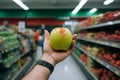 Holding apple hand grocery store food fresh retail fruit supermarket market