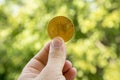 Holding bitcoin in hand with green blur background, bitcoin concept, copy space. The hand holds bitcoin Royalty Free Stock Photo