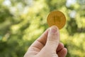 Holding bitcoin in hand with green blur background, bitcoin concept, copy space. The hand holds bitcoin Royalty Free Stock Photo