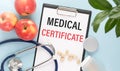 Holding a card with text Medical CERTIFICATE, medical concept