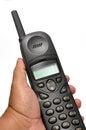 Holding cordless telephone or portable telephone white background