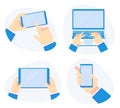 Holding devices in hand. Smartphone in hands, hold laptop computer and mobile tablet vector illustration set Royalty Free Stock Photo