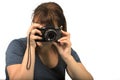 Holding dslr camera professional photographer woman taking picture white background Royalty Free Stock Photo