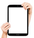 Holding E-book reader in hands. Royalty Free Stock Photo