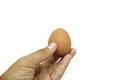 Holding egg with finger isolated on white background Royalty Free Stock Photo