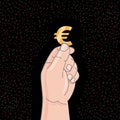 Holding euro sign on black background. Vector Flat Illustration