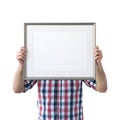 Holding frame mockup. Photo Mockup. The man hold frame. Royalty Free Stock Photo