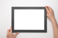 Holding frame mockup. Photo Mockup. Woman hands hold black frame. For frames and posters design. Frame size A4. blank photo frame Royalty Free Stock Photo