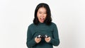 Holding Game Controller and Playing with angry because lose the game Of Beautiful Asian Woman Isolated On White Background Royalty Free Stock Photo