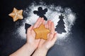 Holding gingerbread cookie in the shape of star in hands. Baking