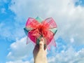 Holding a green Christmas gift with a red ribbon, blue sky and white clouds background.