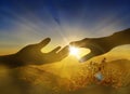 Holding hands against bright sun light rays, nature landscape Royalty Free Stock Photo