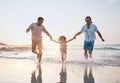 Holding hands, beach and gay couple with a child, happy or vacation with celebration, quality time or bonding. Queer Royalty Free Stock Photo