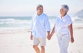 Holding hands, beach or happy old couple walking in summer with happiness, trust or romance. Lovers, smile or senior man Royalty Free Stock Photo