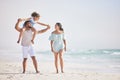Holding hands, beach or parents walking with a girl for a holiday vacation together with happiness. Piggyback, mother Royalty Free Stock Photo