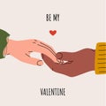 Holding hands. Cartoon love couple romantic postcard, flat St Valentine day greeting card. Vector doodle illustration