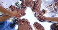 Holding hands, community support or family in nature for bonding or playing in a park together. Love, low angle or Royalty Free Stock Photo