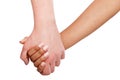 Holding hands couple of a mixed race on white background.