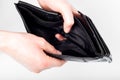 Holding in hands empty black wallet