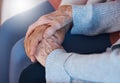 Holding hands, love and support in trust for elderly care, retirement or hope and respect at old age home. Senior hands Royalty Free Stock Photo