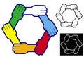 Holding hands to form a hexagon