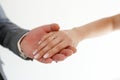 Holding Hands with wedding rings on white background with copy space. concept of love and marriage Royalty Free Stock Photo