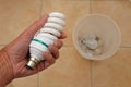 Holding a low energy CFL light bulb with discarded tungsten bulbs in background