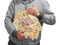 Holding money cash notes in arms windfall Royalty Free Stock Photo