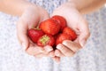 Holding out a strawberry offering. Cropped image a womans hands holding a bunch of strawberries.