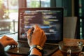 Holding the pen pointing or Program developers using Royalty Free Stock Photo