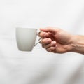 Is holding a plain white coffee mug by its handle against a smooth Royalty Free Stock Photo