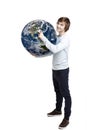 Holding and pointing to a planet earth Royalty Free Stock Photo